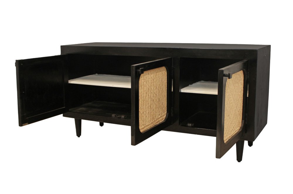 60" Black Distressed Solid Wood Sideboard with Three Doors HomeRoots