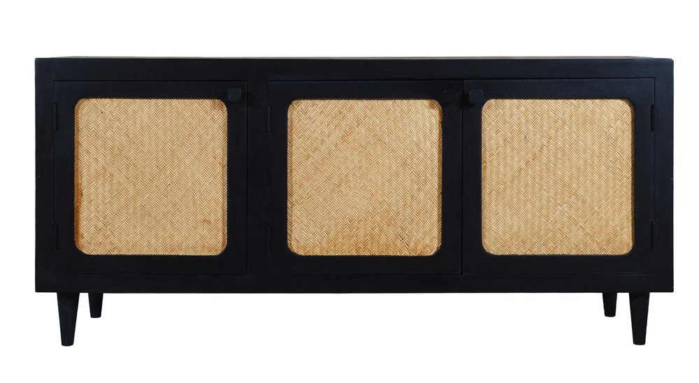 60" Black Distressed Solid Wood Sideboard with Three Doors HomeRoots