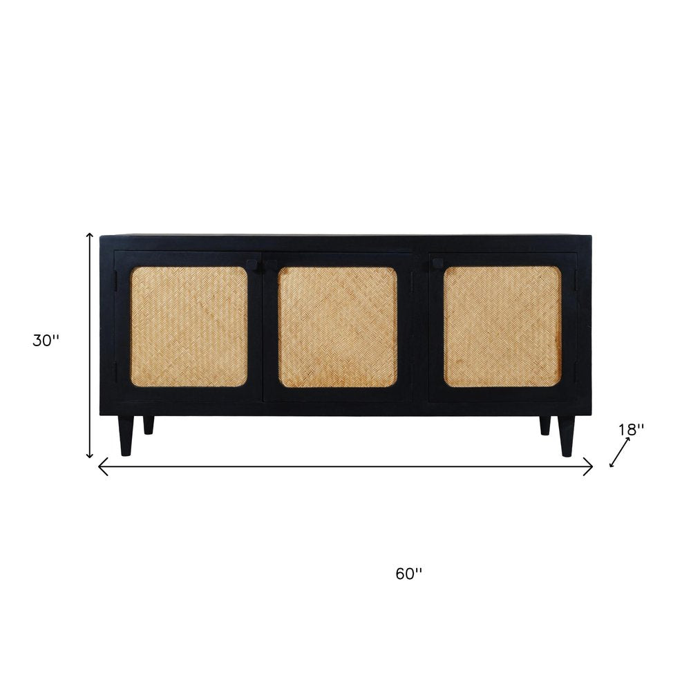 60" Black Distressed Solid Wood Sideboard with Three Doors HomeRoots