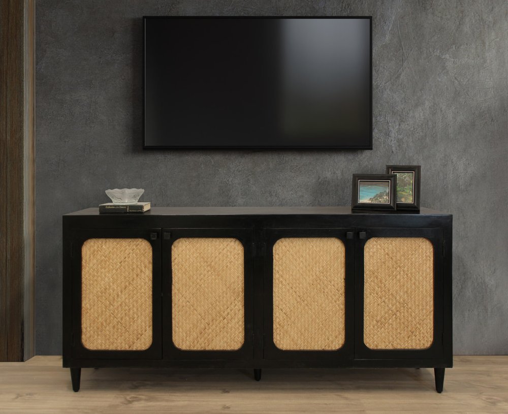 82" Black Distressed Solid Wood Sideboard with Four Doors HomeRoots