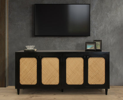 82" Black Distressed Solid Wood Sideboard with Four Doors HomeRoots