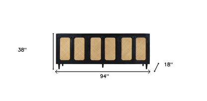 94" Black Distressed Solid Wood Sideboard with Six Doors HomeRoots