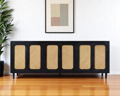 94" Black Distressed Solid Wood Sideboard with Six Doors HomeRoots