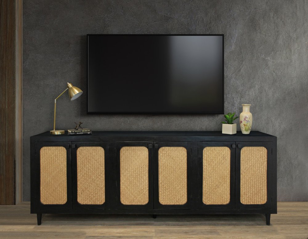 94" Black Distressed Solid Wood Sideboard with Six Doors HomeRoots