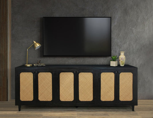 94" Black Distressed Solid Wood Sideboard with Six Doors HomeRoots