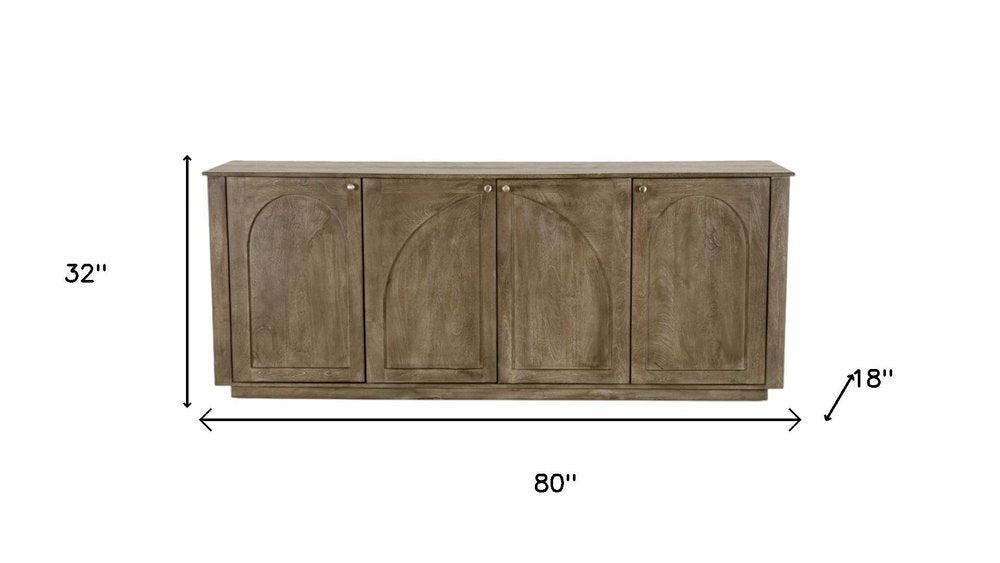 80" Brown Distressed Solid Wood Carved Geometric Sideboard With Four Doors HomeRoots