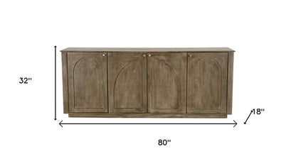 80" Brown Distressed Solid Wood Carved Geometric Sideboard With Four Doors HomeRoots