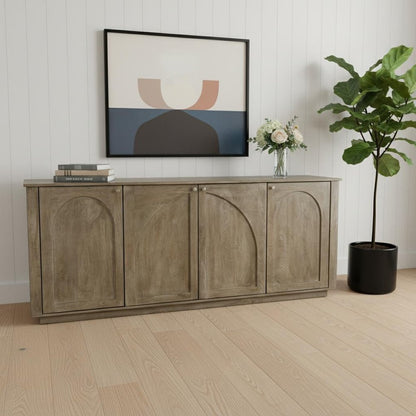 80" Brown Distressed Solid Wood Carved Geometric Sideboard With Four Doors HomeRoots