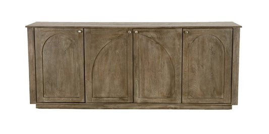 80" Brown Distressed Solid Wood Carved Geometric Sideboard With Four Doors