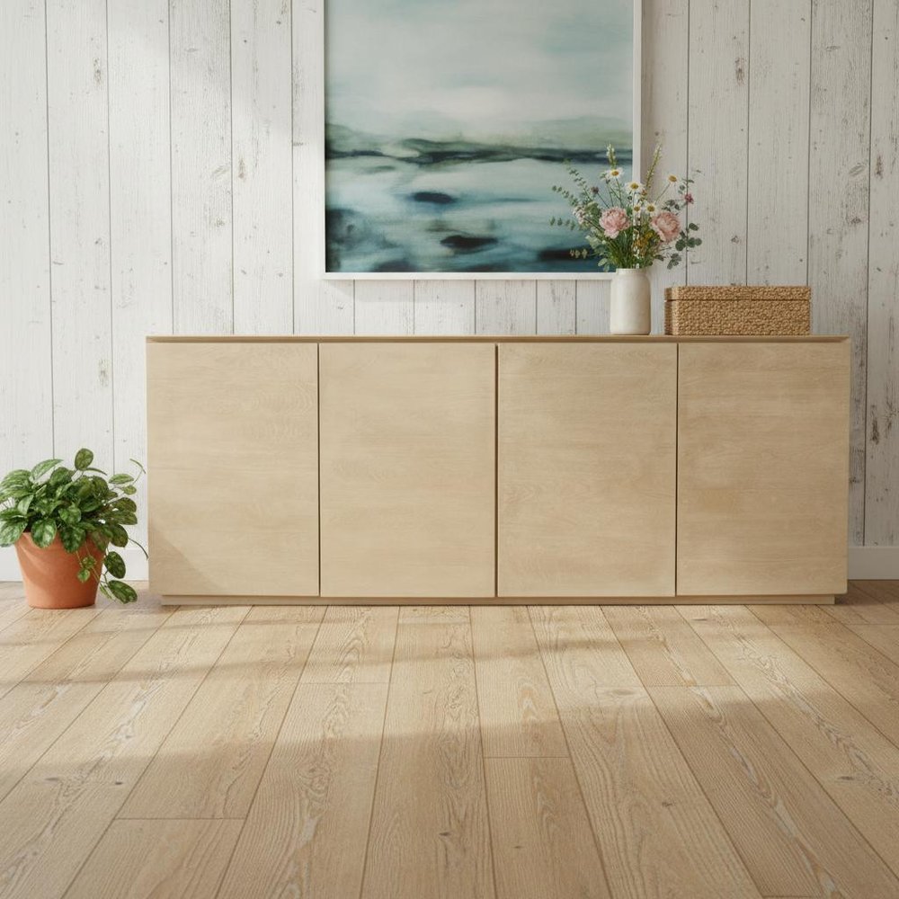 80" Natural Distressed Solid Wood Sideboard With Four Doors HomeRoots