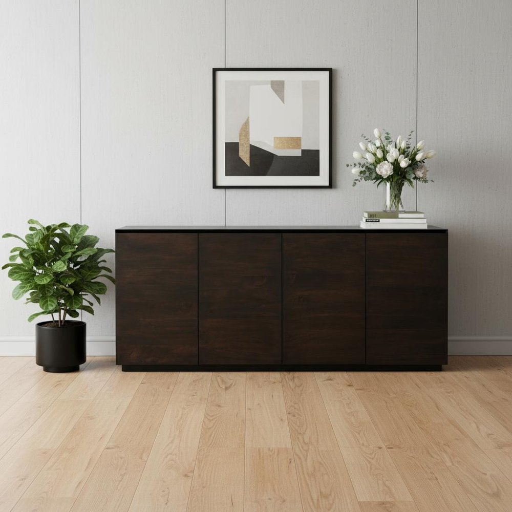 80" Dark Brown Distressed Solid Wood Sideboard With Four Doors HomeRoots