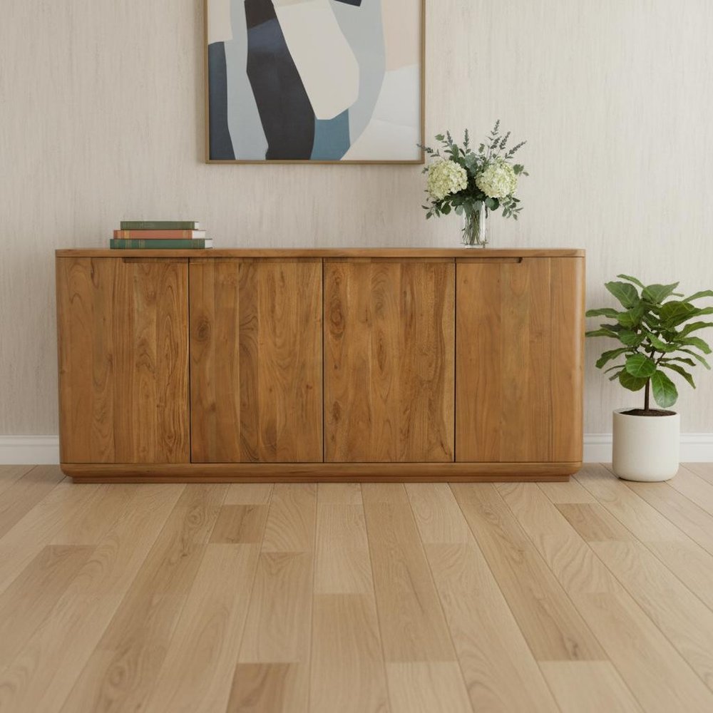72" Tan Distressed Solid Wood Sideboard Soft Close with Four Doors HomeRoots