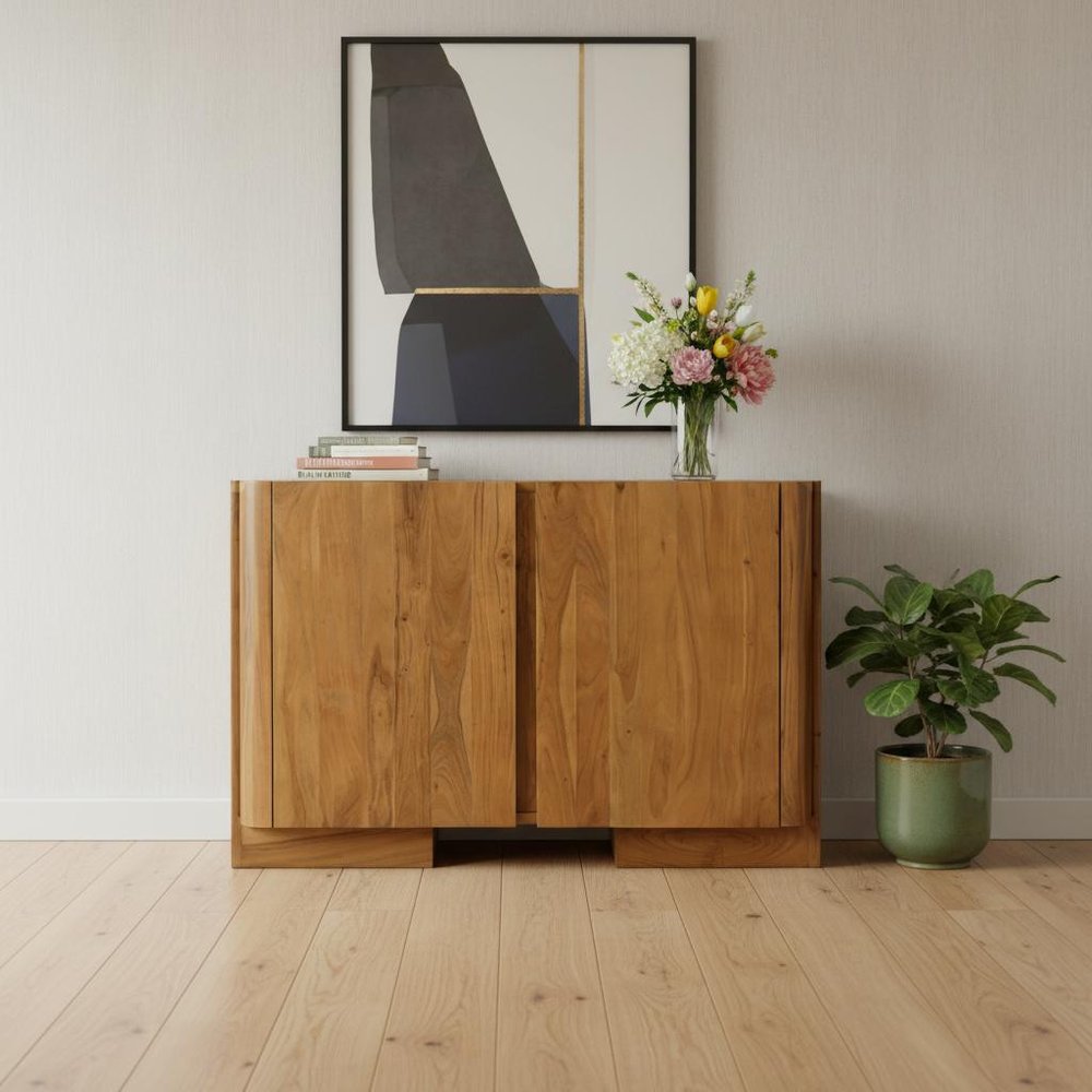 48" Tan Distressed Solid Wood Sideboard Soft Close with Two Doors HomeRoots