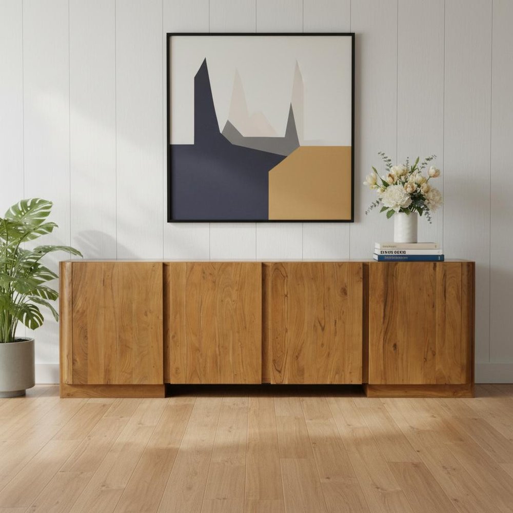 96" Tan Distressed Solid Wood Sideboard Soft Close with Four Doors HomeRoots