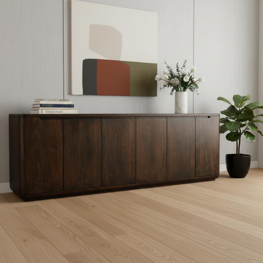 96" Dark Brown Distressed Solid Wood Sideboard With Six Doors — view 7