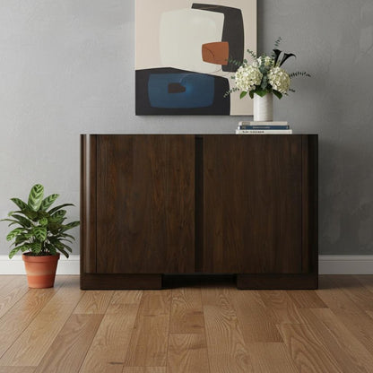 48" Dark Brown Distressed Solid Wood Sideboard Soft Close with Two Doors HomeRoots