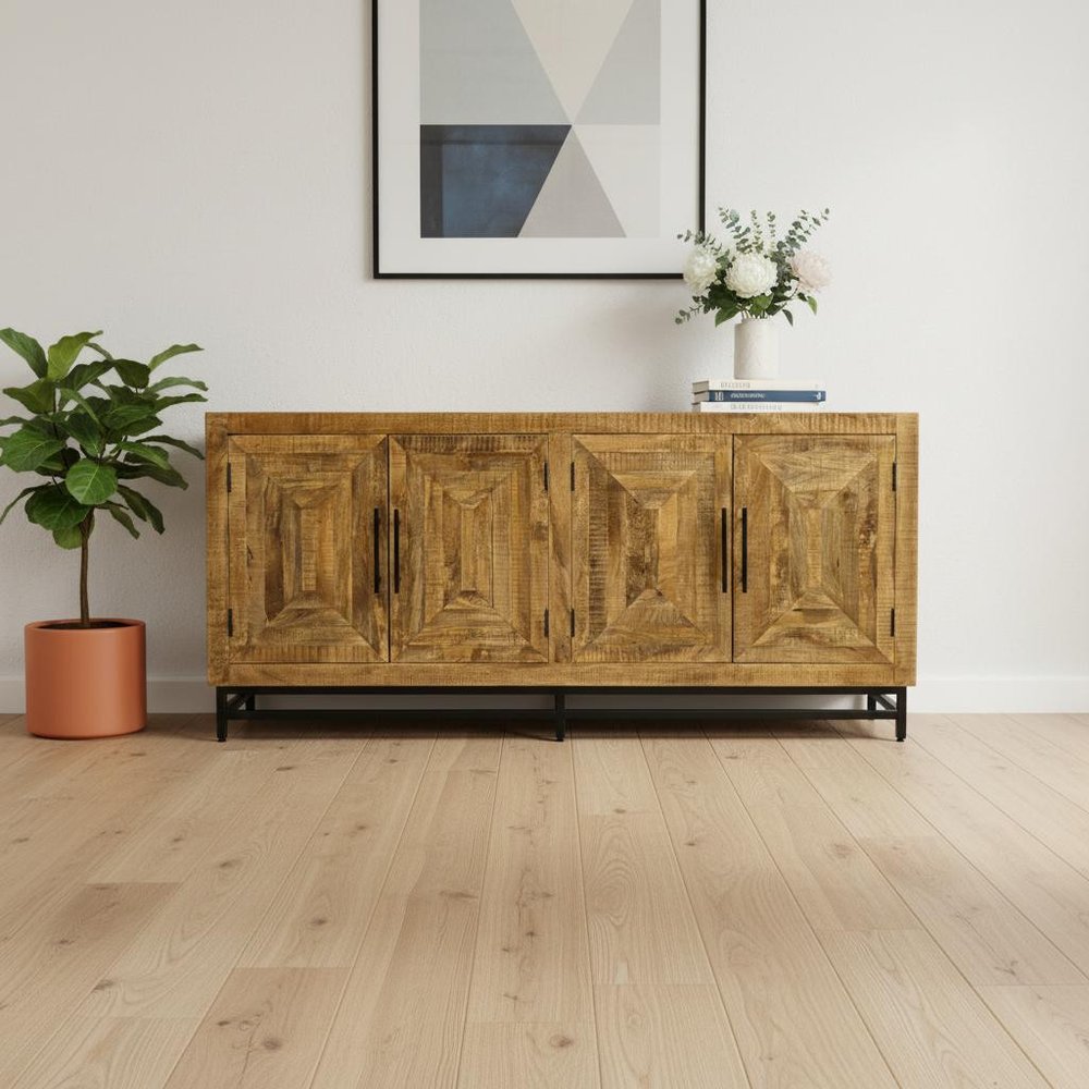 78" Natural Distressed Solid Wood Sideboard With Four Doors HomeRoots