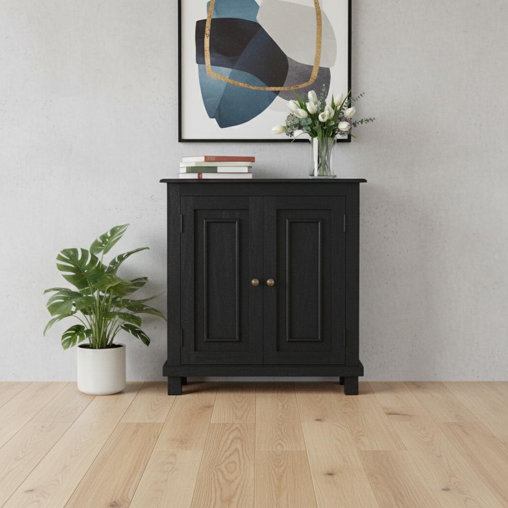 34" Black Distressed Solid Wood Sideboard with Two Doors HomeRoots