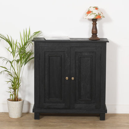 34" Black Distressed Solid Wood Sideboard with Two Doors HomeRoots