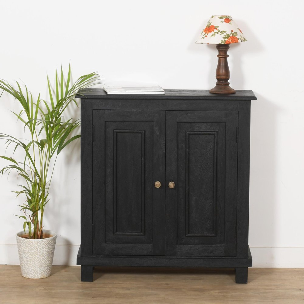34" Black Distressed Solid Wood Sideboard with Two Doors HomeRoots