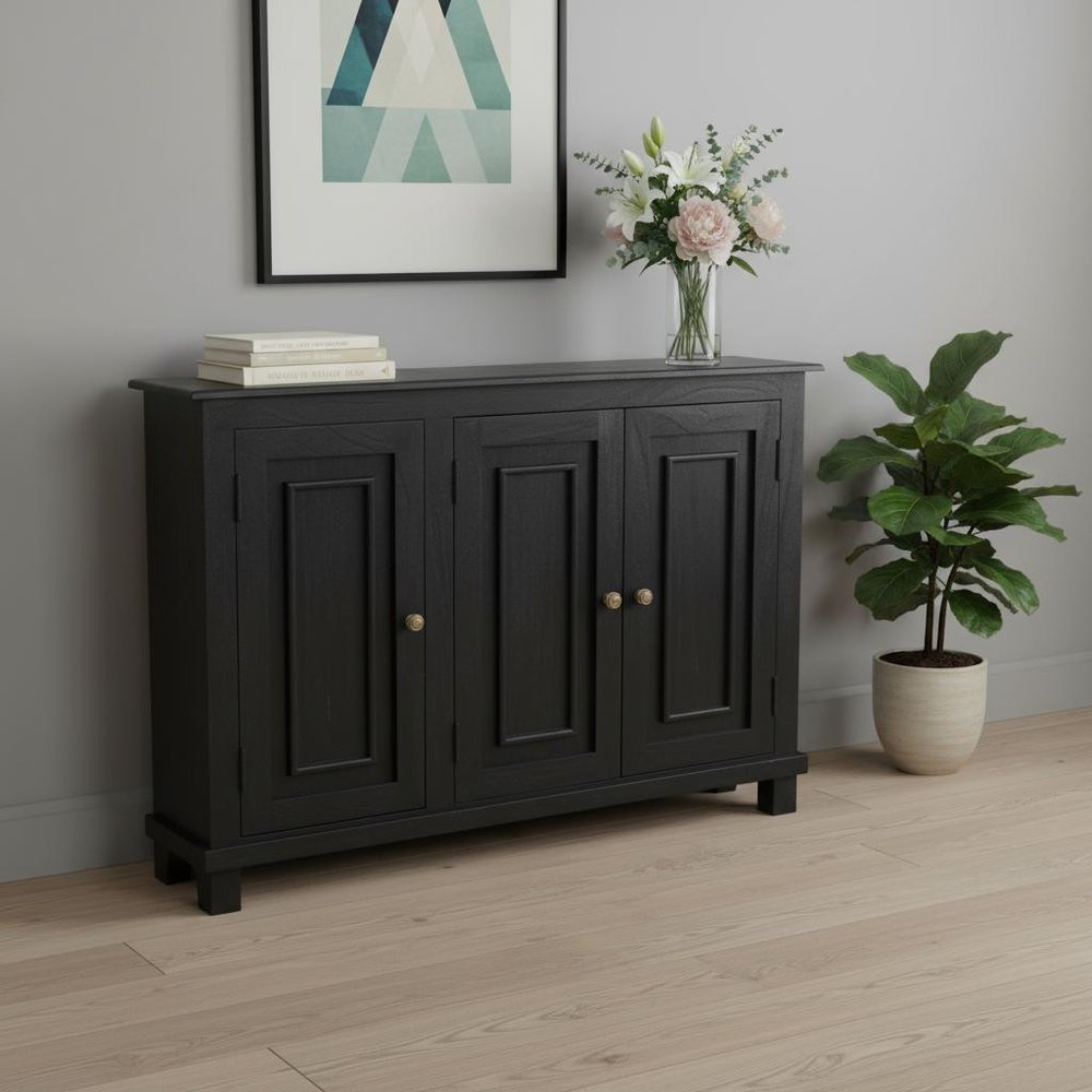 51" Black Distressed Solid Wood Sideboard with Three Doors HomeRoots