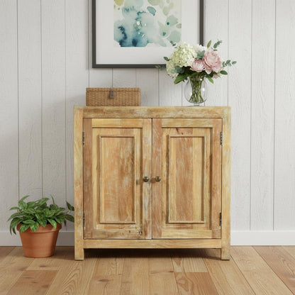 36" Natural Distressed Solid Wood Sideboard with Two Doors HomeRoots
