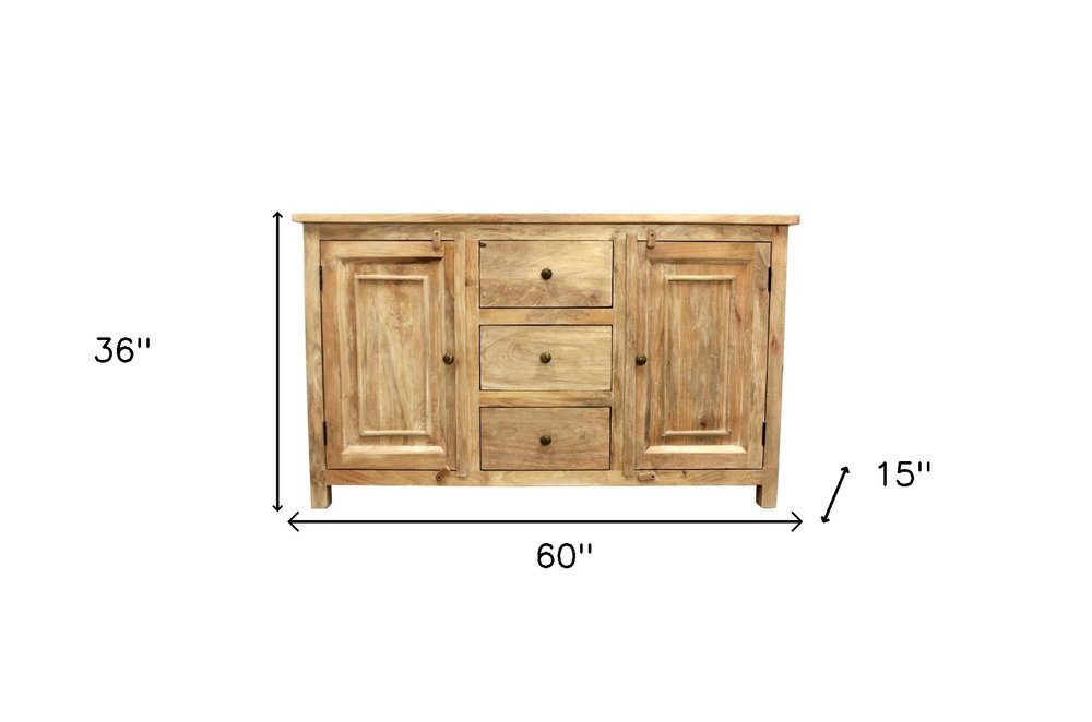 60" Natural Distressed Solid Wood Three Drawer Sideboard With Two Doors HomeRoots