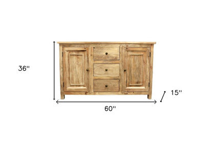 60" Natural Distressed Solid Wood Three Drawer Sideboard With Two Doors HomeRoots