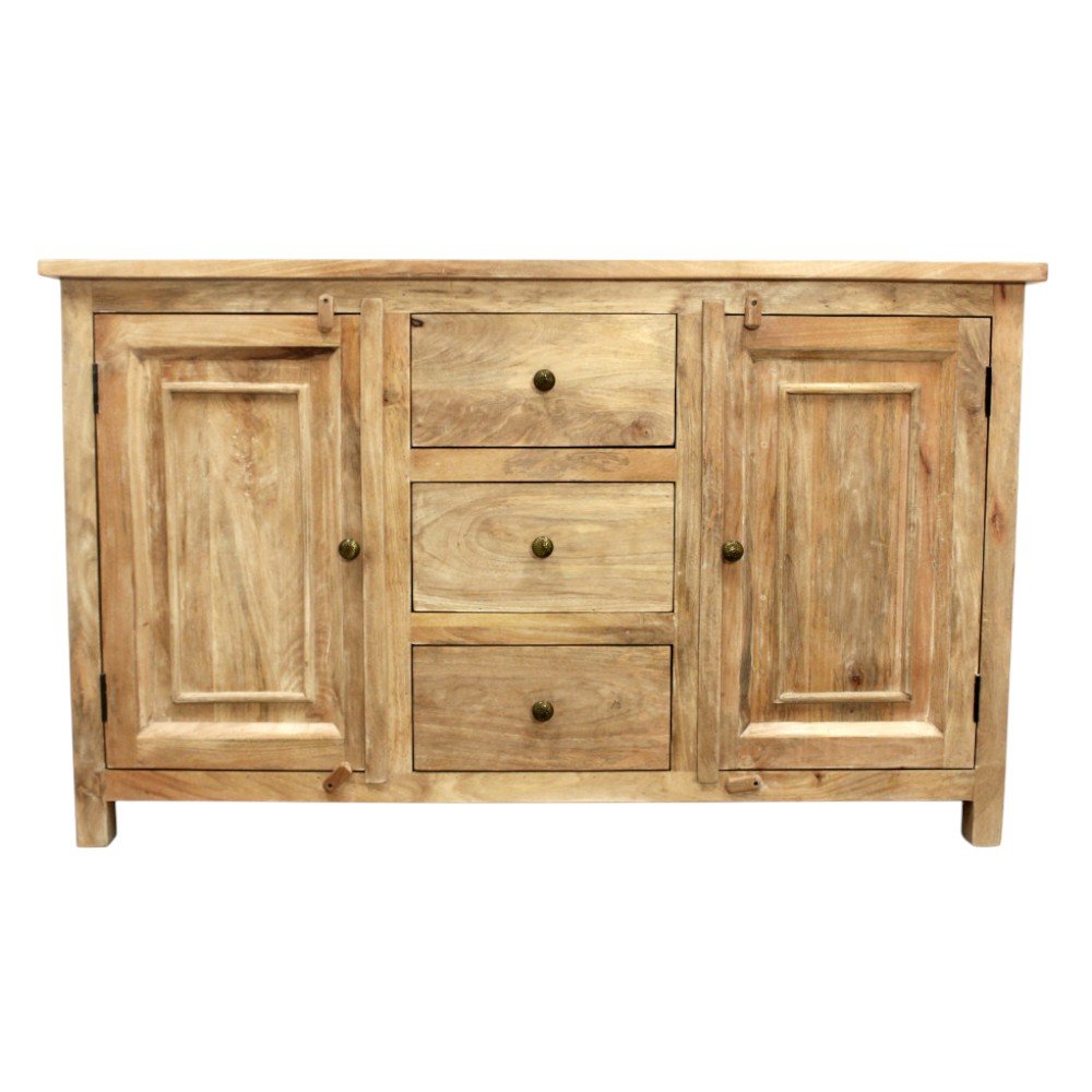 60" Natural Distressed Solid Wood Three Drawer Sideboard With Two Doors HomeRoots