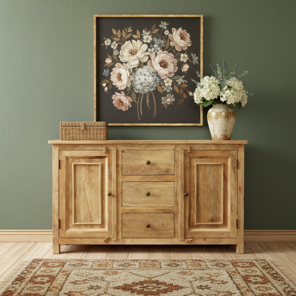 60" Natural Distressed Solid Wood Three Drawer Sideboard With Two Doors HomeRoots