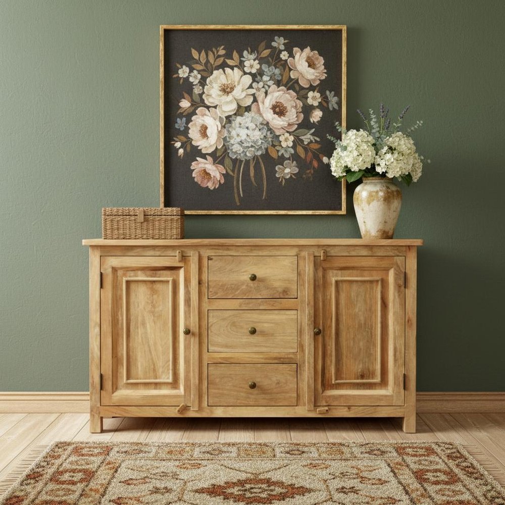 60" Natural Distressed Solid Wood Three Drawer Sideboard With Two Doors HomeRoots