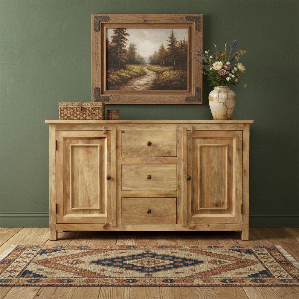 60" Natural Distressed Solid Wood Three Drawer Sideboard With Two Doors HomeRoots