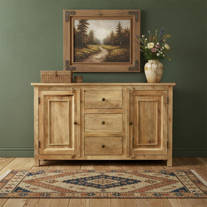60" Natural Distressed Solid Wood Three Drawer Sideboard With Two Doors HomeRoots