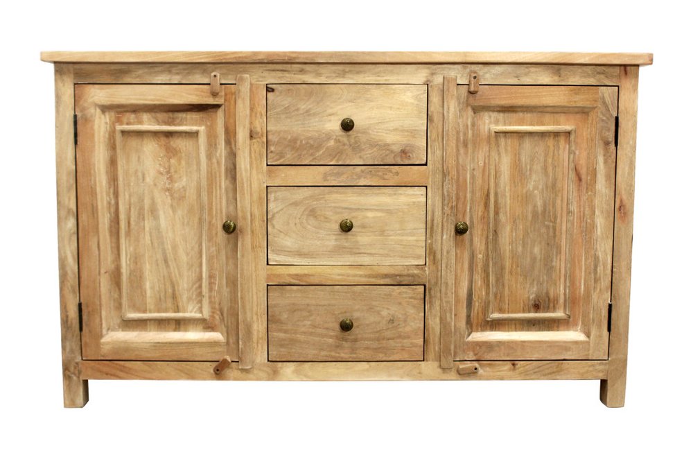 60" Natural Distressed Solid Wood Three Drawer Sideboard With Two Doors HomeRoots