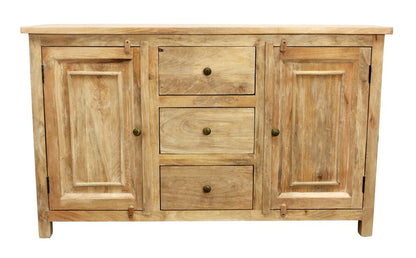 60" Natural Distressed Solid Wood Three Drawer Sideboard With Two Doors HomeRoots