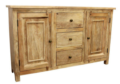 60" Natural Distressed Solid Wood Three Drawer Sideboard With Two Doors HomeRoots