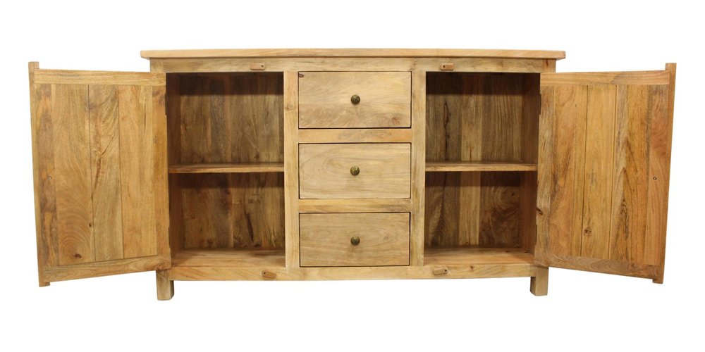 60" Natural Distressed Solid Wood Three Drawer Sideboard With Two Doors HomeRoots