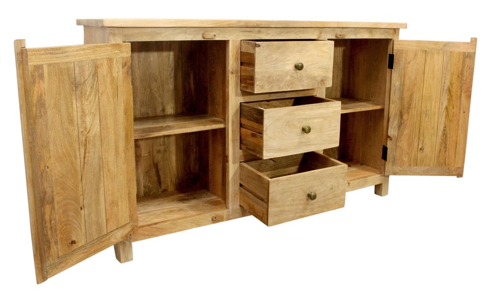 60" Natural Distressed Solid Wood Three Drawer Sideboard With Two Doors HomeRoots