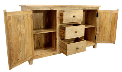 60" Natural Distressed Solid Wood Three Drawer Sideboard With Two Doors HomeRoots