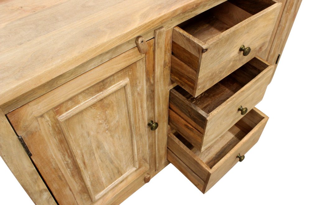 60" Natural Distressed Solid Wood Three Drawer Sideboard With Two Doors HomeRoots
