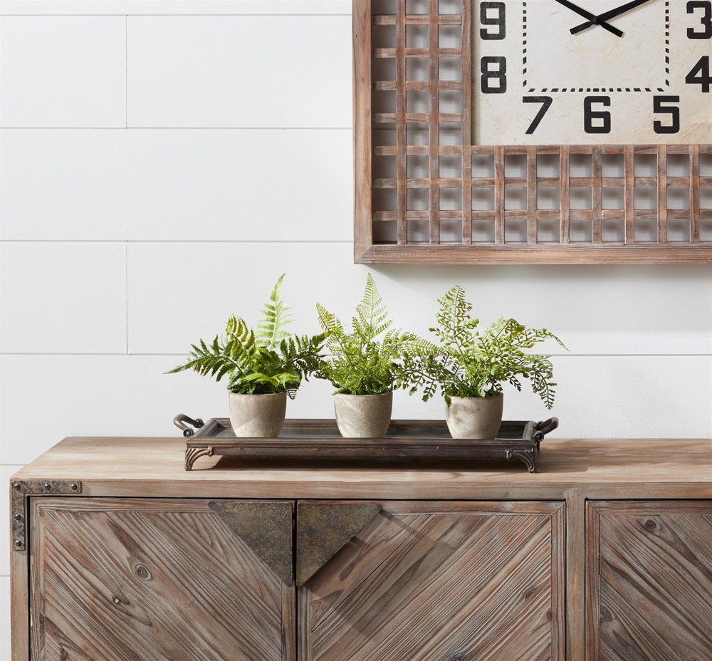Set of Three 10" Green Artificial Fern Plant in a Gray Pot HomeRoots