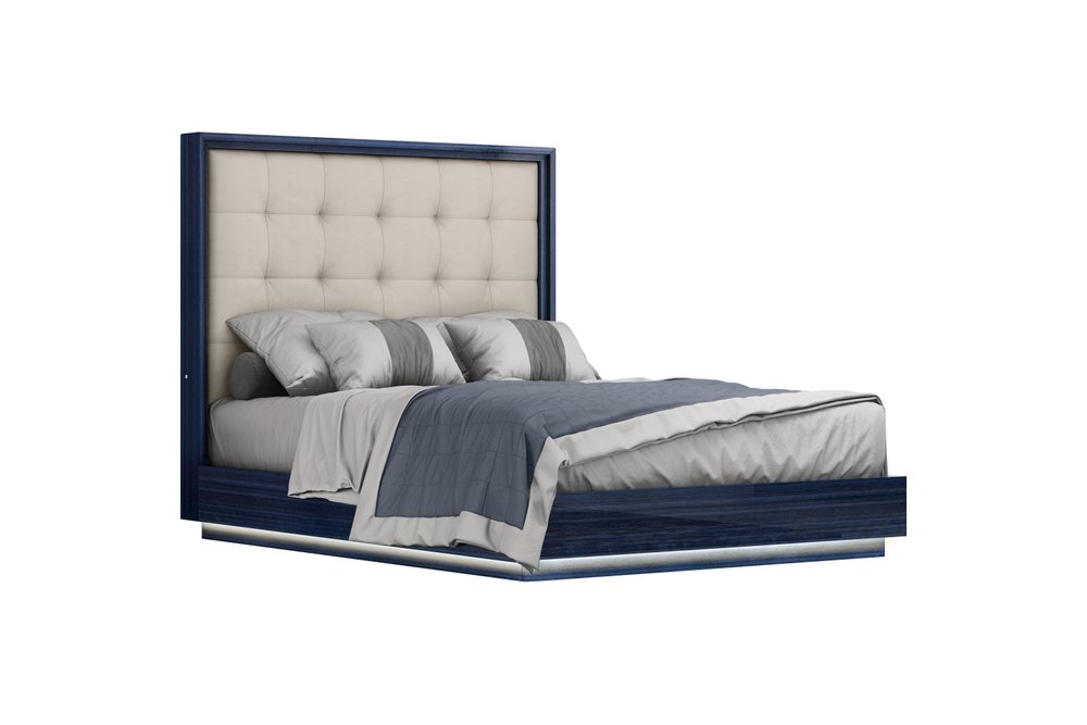 Blue and Gray Wood And Tufted Faux Leather Lighted Queen Bed Frame HomeRoots