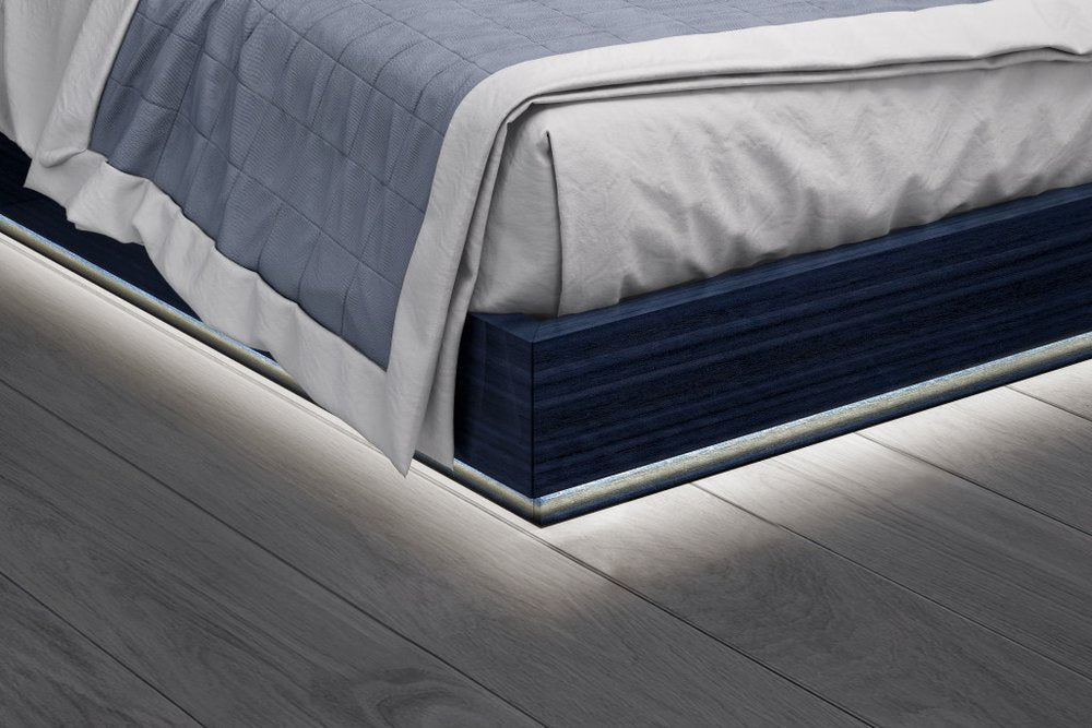 Blue and Gray Wood And Tufted Faux Leather Lighted Queen Bed Frame HomeRoots