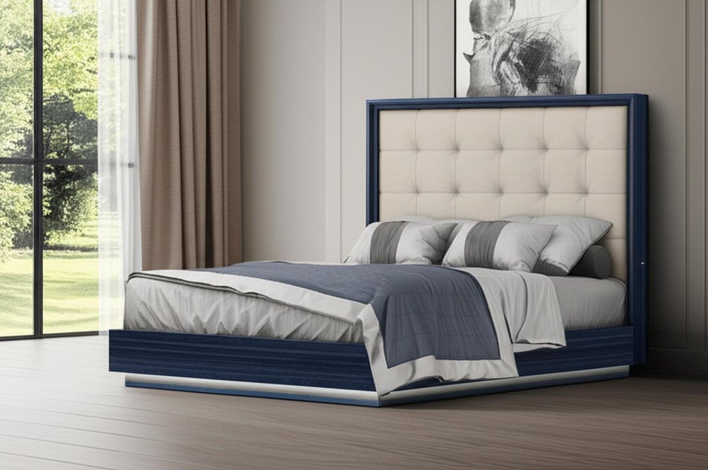 Blue and Gray Wood And Tufted Faux Leather Lighted Queen Bed Frame HomeRoots