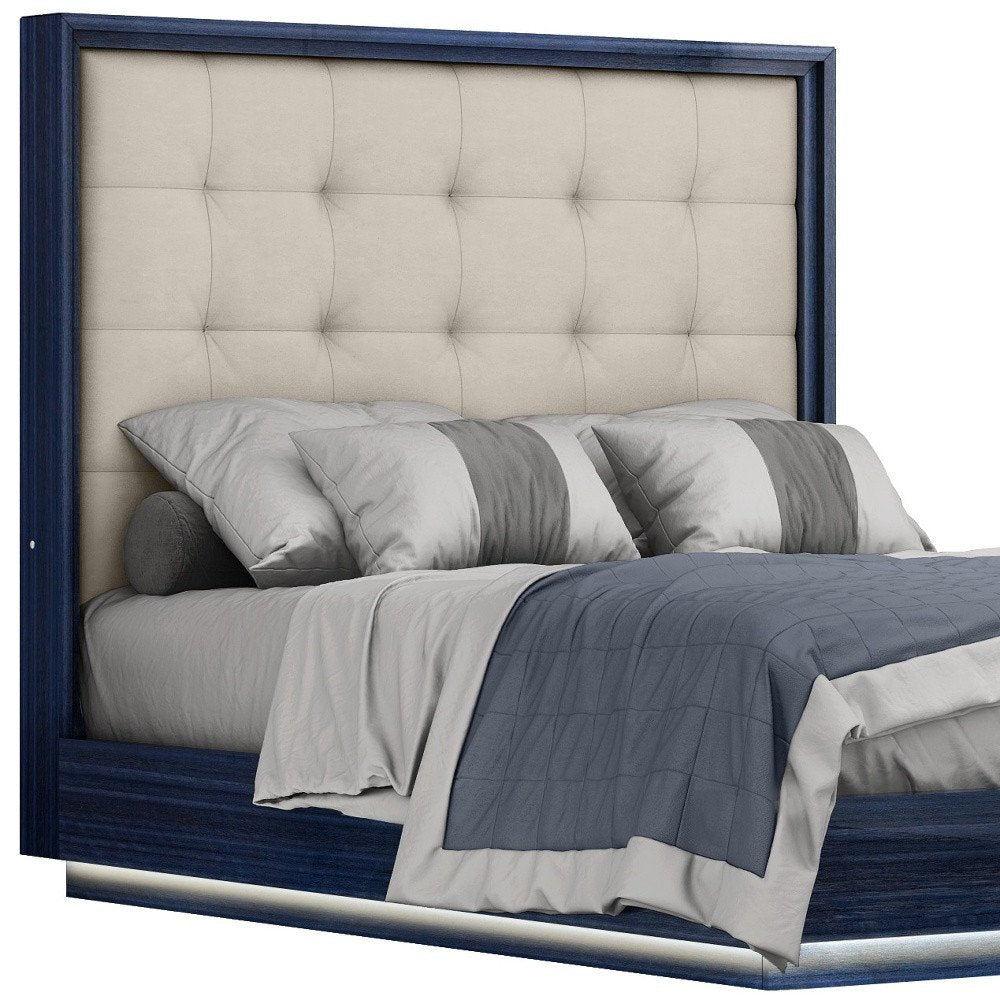 Blue and Gray Wood And Tufted Faux Leather Lighted Queen Bed Frame HomeRoots