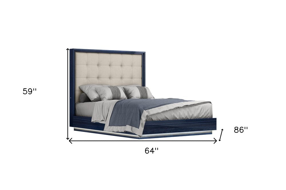Blue and Gray Wood And Tufted Faux Leather Lighted Queen Bed Frame HomeRoots