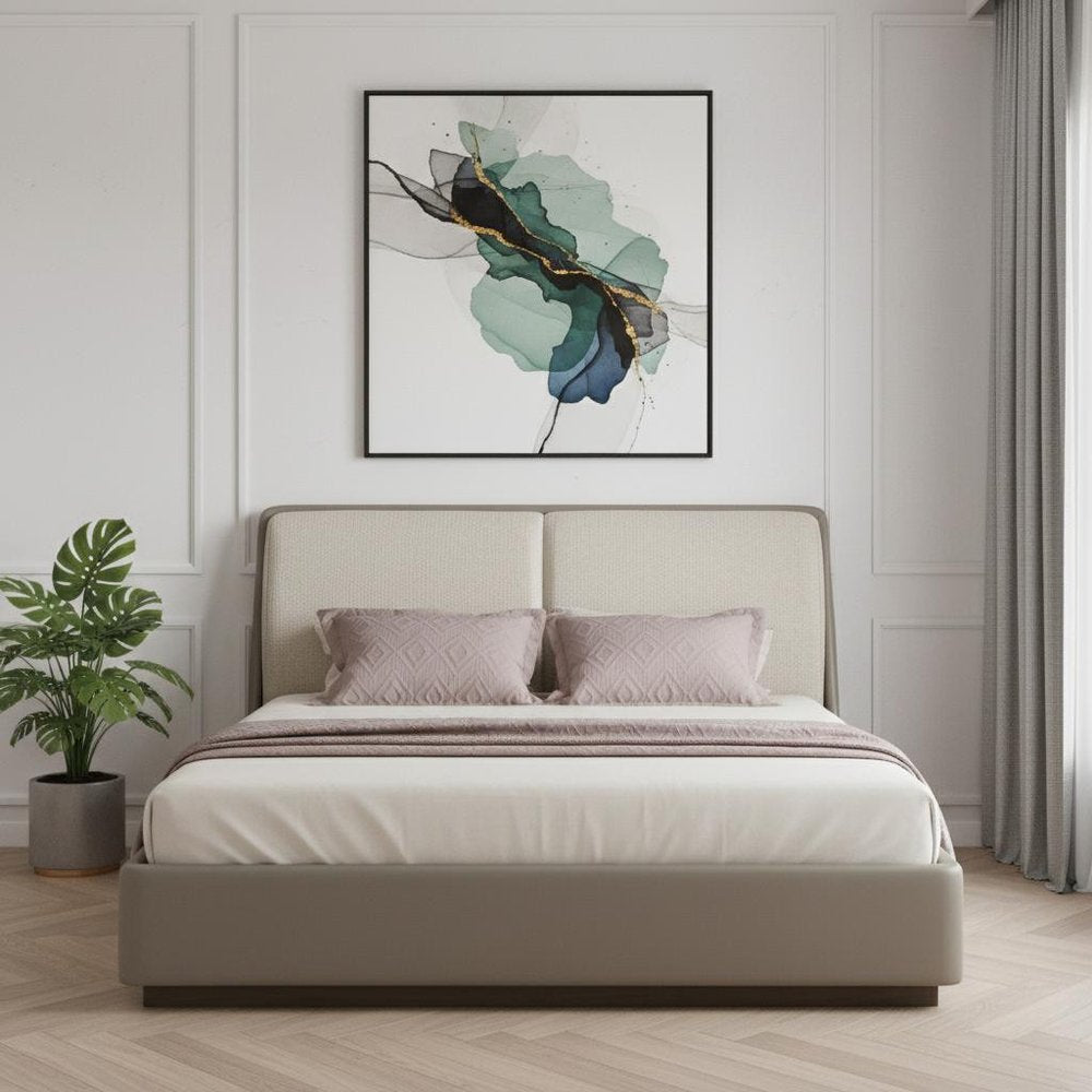 Gray And Cream Faux Leather Upholstered Queen Bed Frame HomeRoots