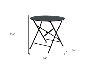 30" Black Rounded Aluminum Folding Outdoor Bistro Table with Umbrella Hole HomeRoots