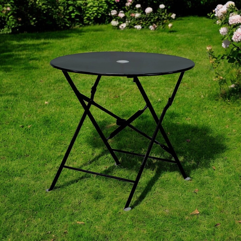 30" Black Rounded Aluminum Folding Outdoor Bistro Table with Umbrella Hole HomeRoots
