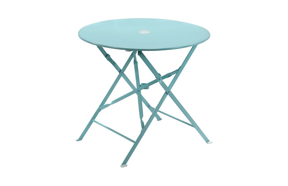 30" Aqua Rounded Aluminum Folding Outdoor Bistro Table with Umbrella Hole HomeRoots